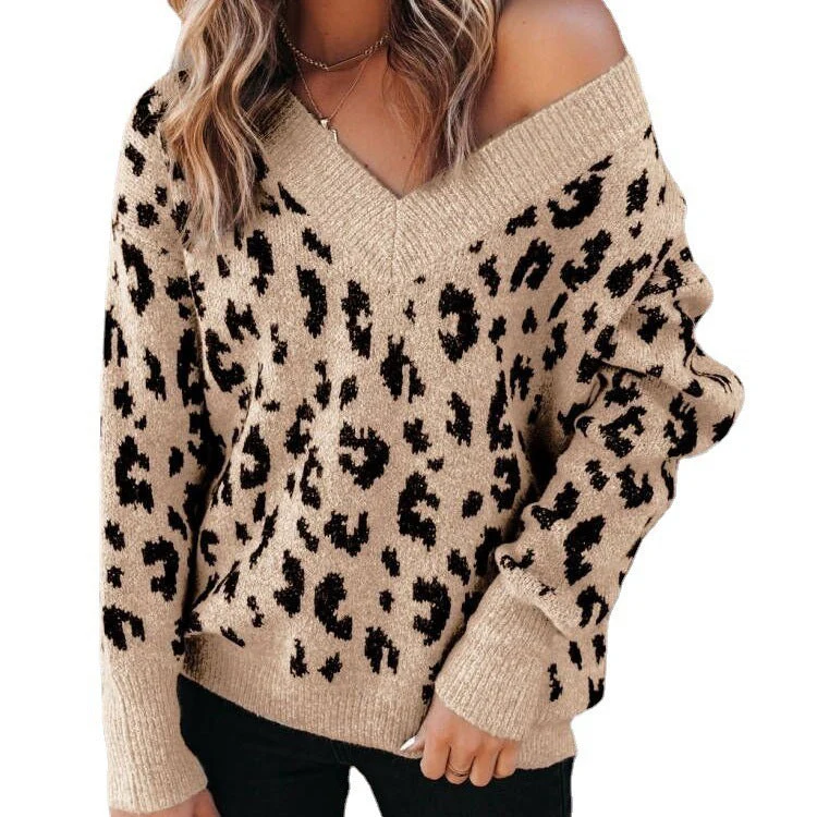 Oversized Cozy Women V Neck Sweater - Leopard Knit, Casual - Image 2