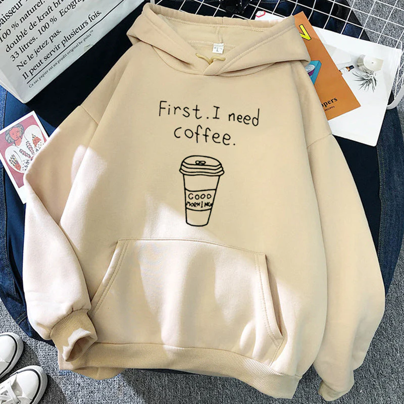 Oversized Cozy Womens Hoodie - Coffee Graphic Print, Fleece