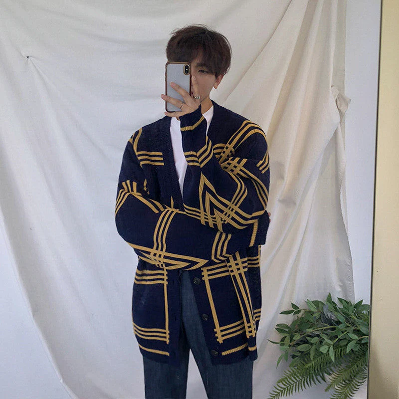 Oversized Men's Cardigan - V Neck Vinylon Knit, Street - Image 11