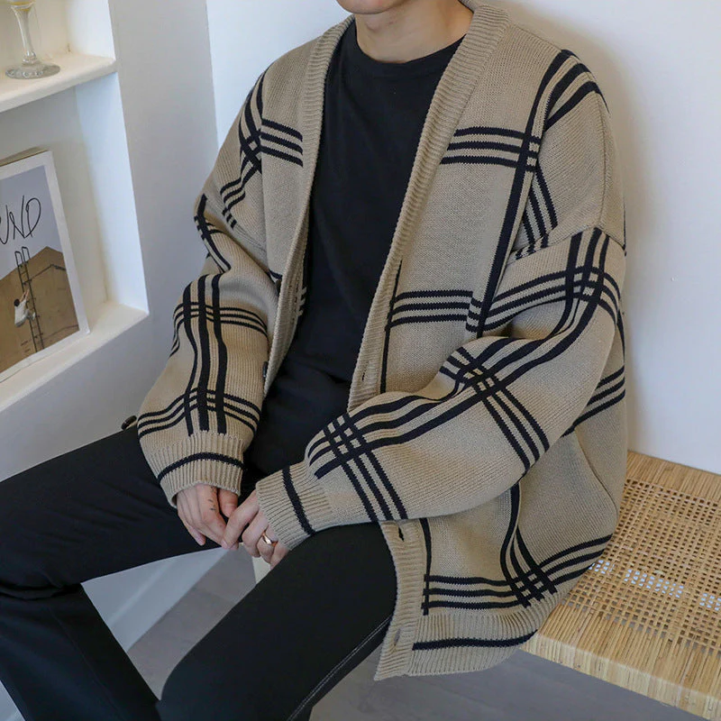 Oversized Men's Cardigan - V Neck Vinylon Knit, Street - Image 12