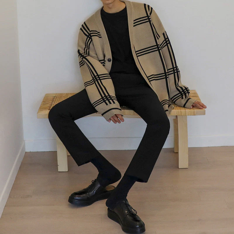 Oversized Men's Cardigan - V Neck Vinylon Knit, Street - Image 2