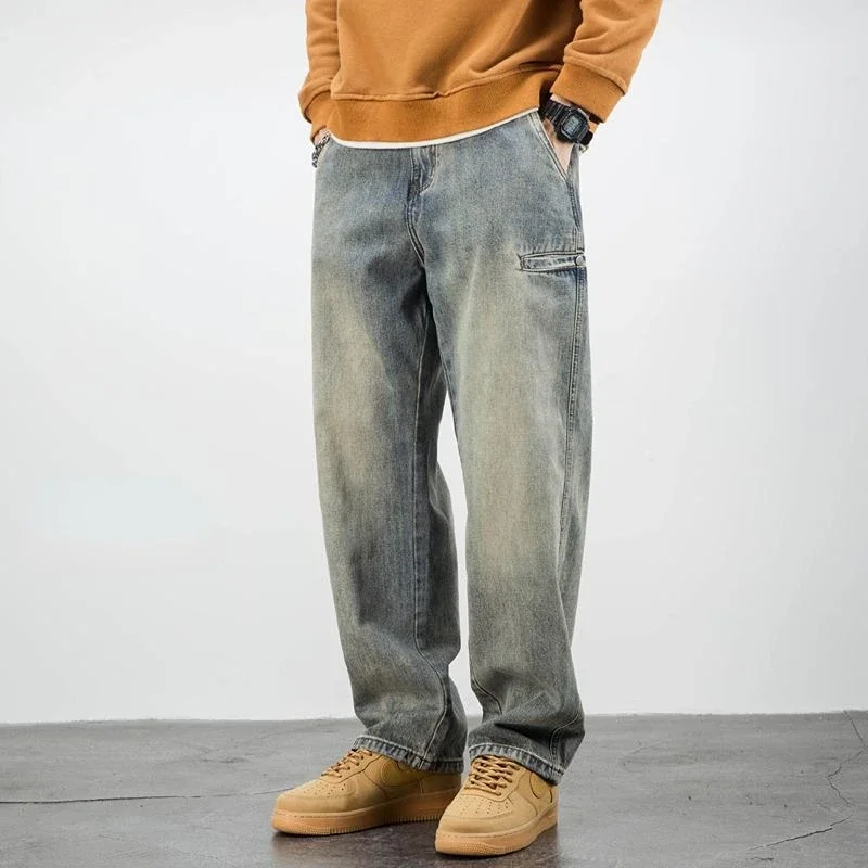 Oversized Men's Denim Jeans - Loose Straight Cut, Washed - Image 15