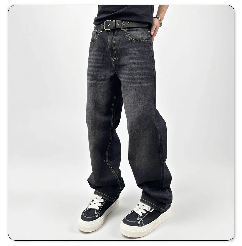 Oversized Men's Jeans - Straight Cut, Washed Denim, Autumn - Image 3