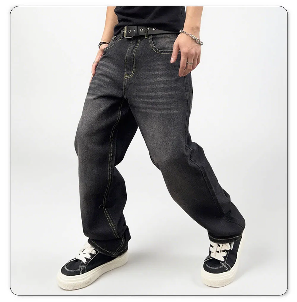 Oversized Men's Jeans - Straight Cut, Washed Denim, Autumn - Image 4