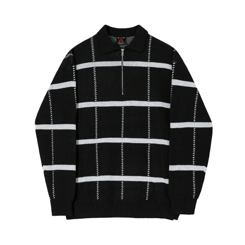 Oversized Men's Knit Polo - Checked Lapel, Open Knit - Image 4