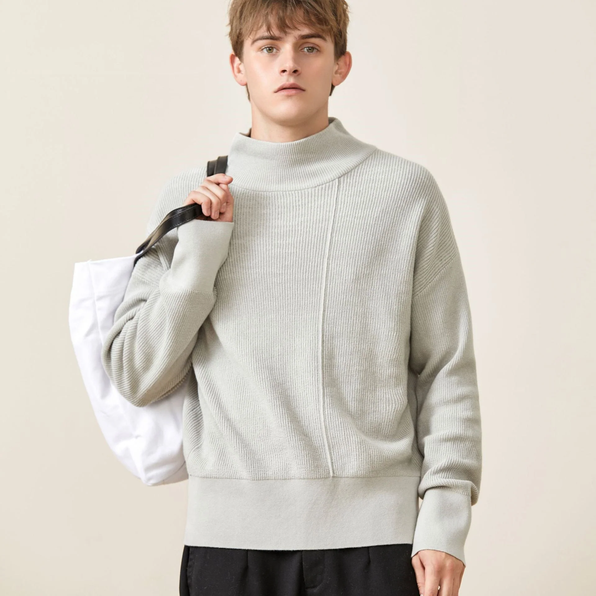 Oversized Men’s Sweater - Mock Neck, Ribbed Knit, Layering - Image 5