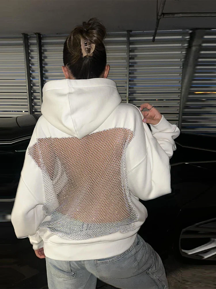 Oversized Relaxed Women’s Hooded Pullover - Boxy Hollow-Back Cut, Blended Fabric With Mesh Back, For Streetwear - Image 2