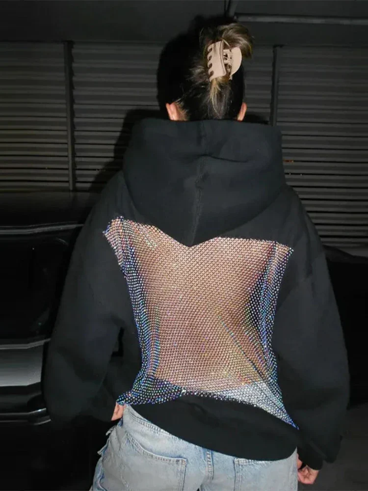 Oversized Relaxed Women’s Hooded Pullover - Boxy Hollow-Back Cut, Blended Fabric With Mesh Back, For Streetwear - Image 3