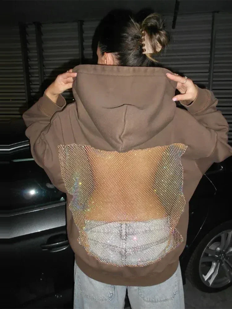 Oversized Relaxed Women’s Hooded Pullover - Boxy Hollow-Back Cut, Blended Fabric With Mesh Back, For Streetwear - Image 5