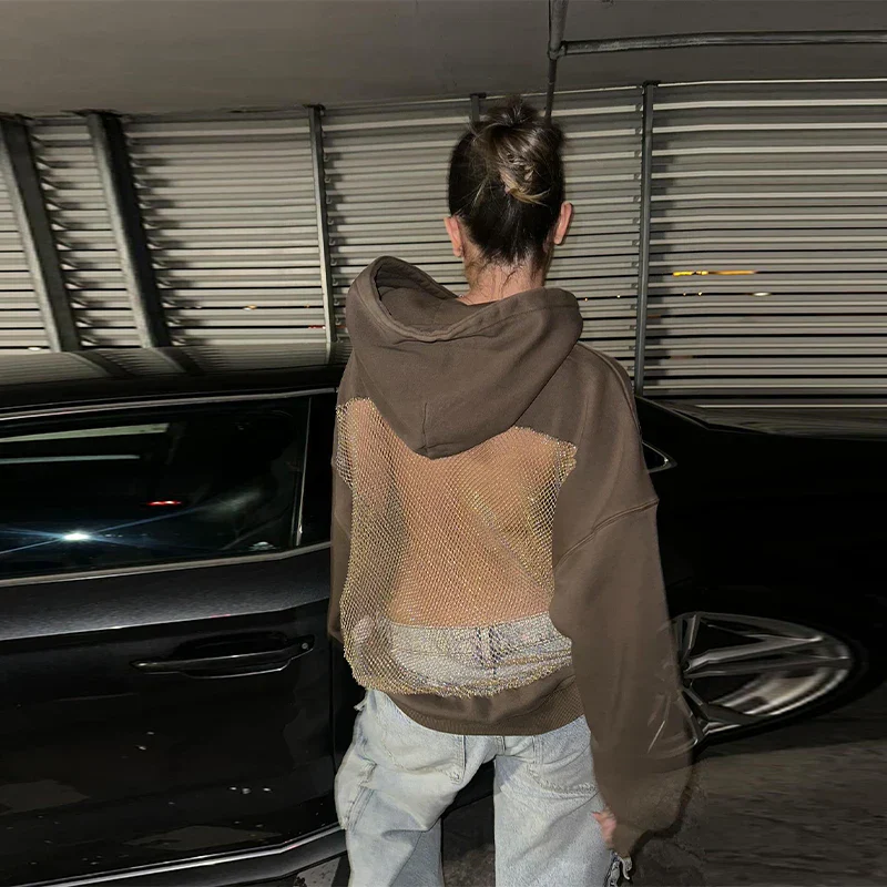 Oversized Relaxed Women’s Hooded Pullover - Boxy Hollow-Back Cut, Blended Fabric With Mesh Back, For Streetwear - Image 6