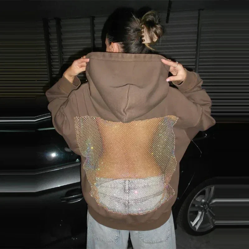 Oversized Relaxed Women’s Hooded Pullover - Boxy Hollow-Back Cut, Blended Fabric With Mesh Back, For Streetwear - Image 7