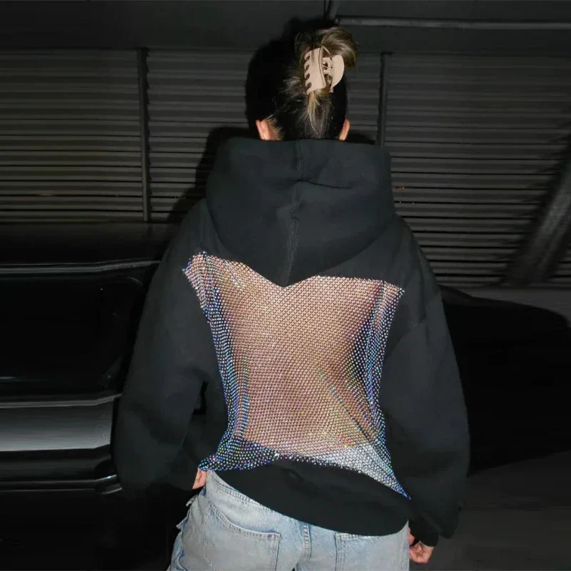 Oversized Relaxed Women’s Hooded Pullover - Boxy Hollow-Back Cut, Blended Fabric With Mesh Back, For Streetwear - Image 8