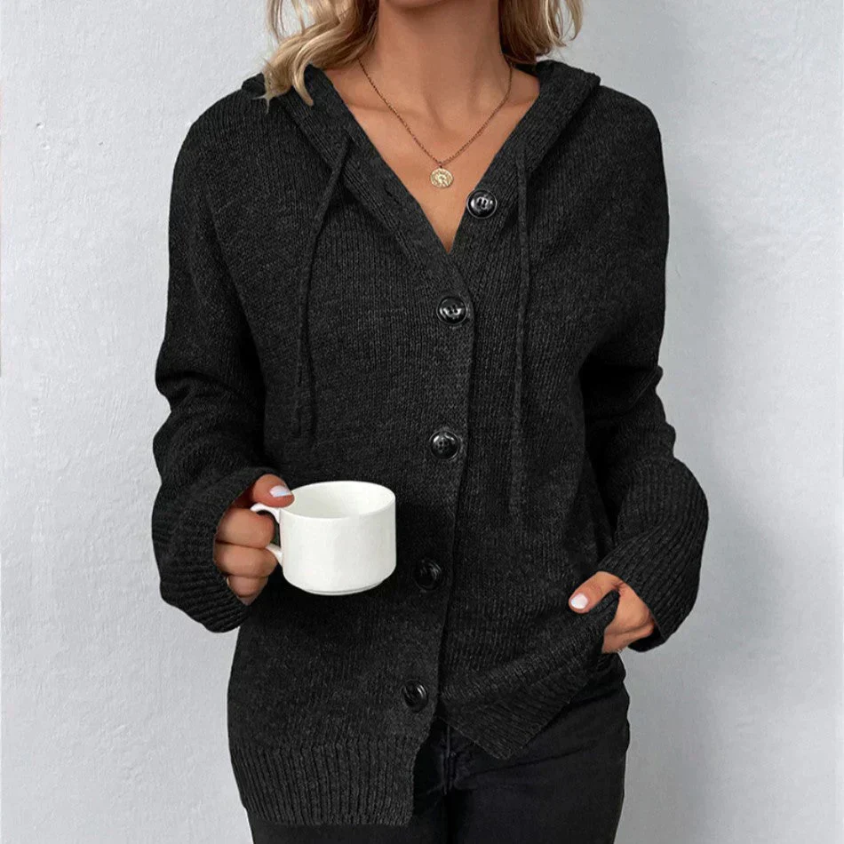 Oversized Women Cardigan - Hooded Button, Textured Knit - Image 9