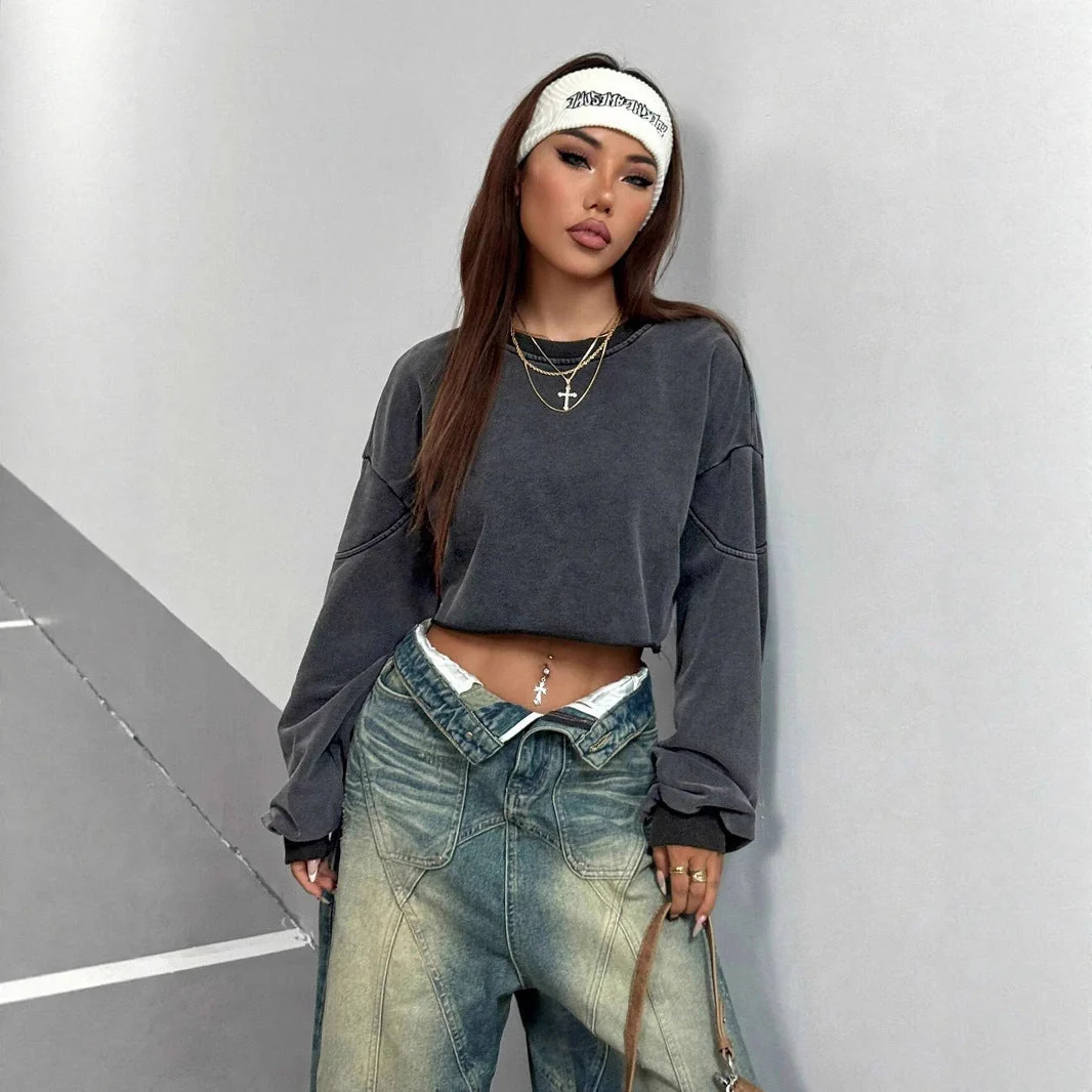 Oversized Women Crop Top - Boxy Raw Hem, Polyester, Casual - Image 2