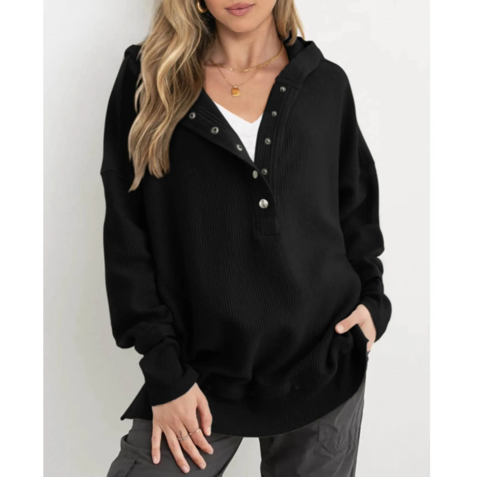 Oversized Women Pullover Hoodie - Snap V-Neck, Ribbed - Image 4