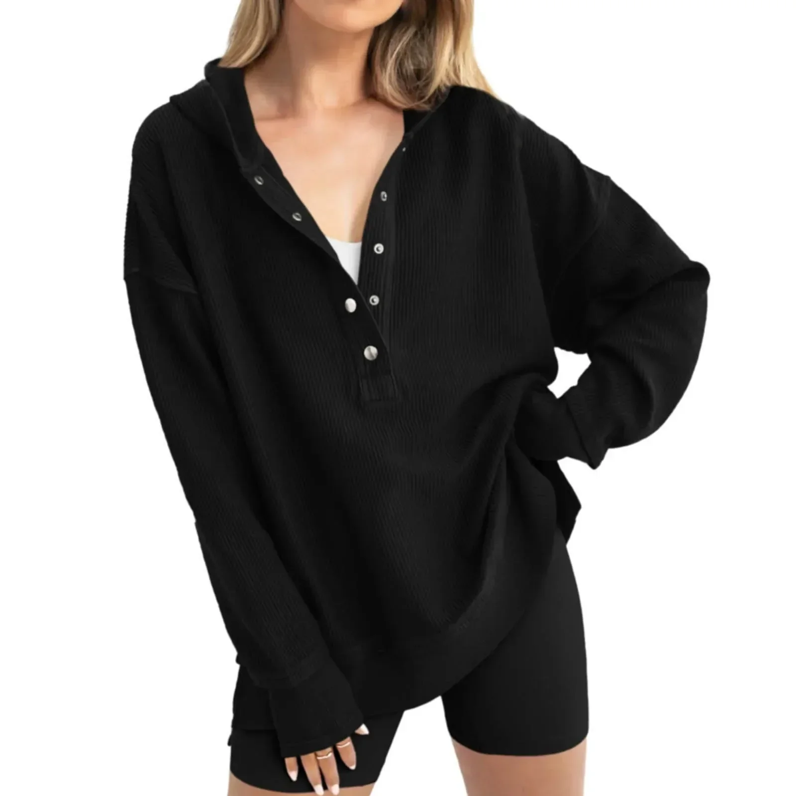 Oversized Women Pullover Hoodie - Snap V-Neck, Ribbed - Image 6