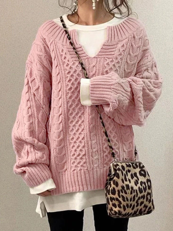 Oversized Women’s Cable Knit Sweater - V Neck, Knit Winter - Image 3