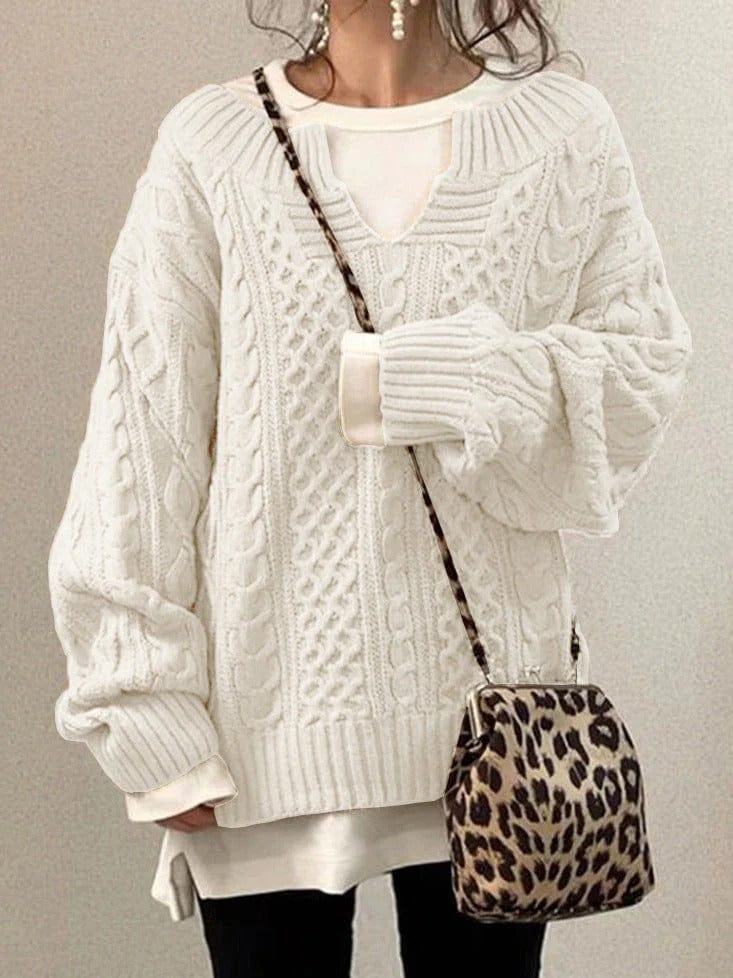 Oversized Women’s Cable Knit Sweater - V Neck, Knit Winter - Image 4