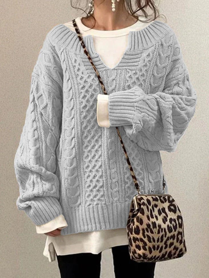 Oversized Women’s Cable Knit Sweater - V Neck, Knit Winter - Image 5