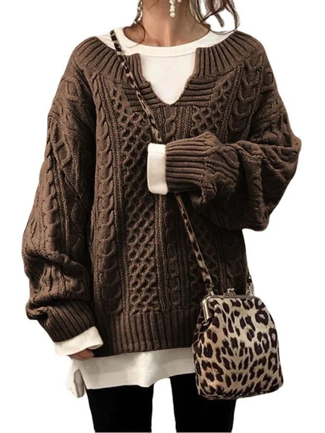 Oversized Women’s Cable Knit Sweater - V Neck, Knit Winter - Image 7