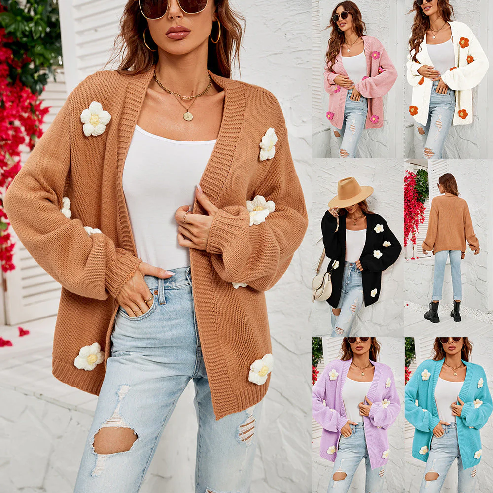 Oversized Women’s Cardigan - Lantern Sleeve, Acrylic Casual