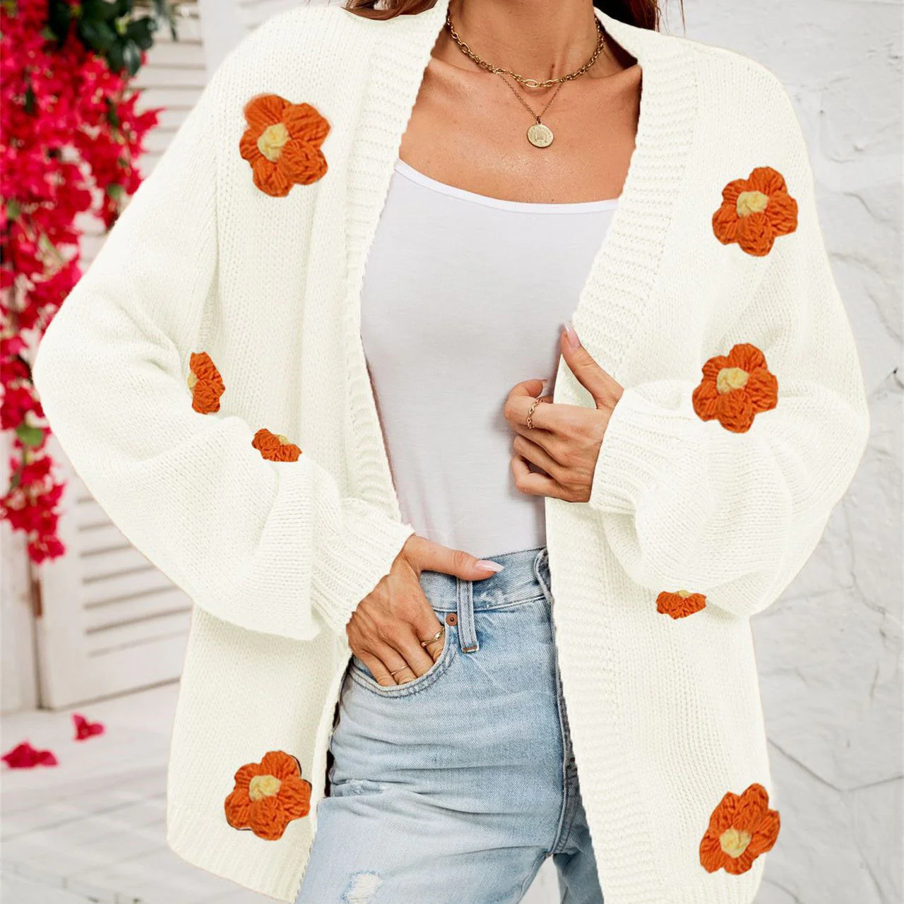 Oversized Women’s Cardigan - Lantern Sleeve, Acrylic Casual - Image 10