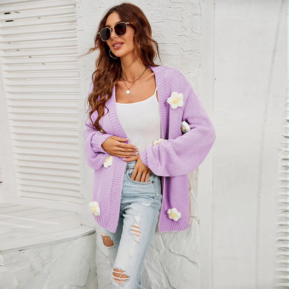 Oversized Women’s Cardigan - Lantern Sleeve, Acrylic Casual - Image 2