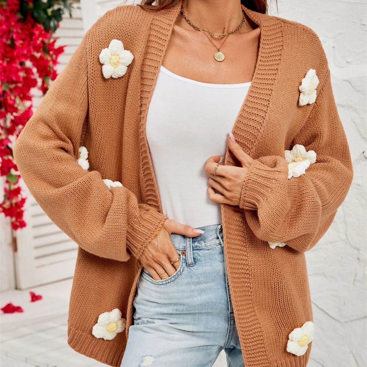 Oversized Women’s Cardigan - Lantern Sleeve, Acrylic Casual - Image 6