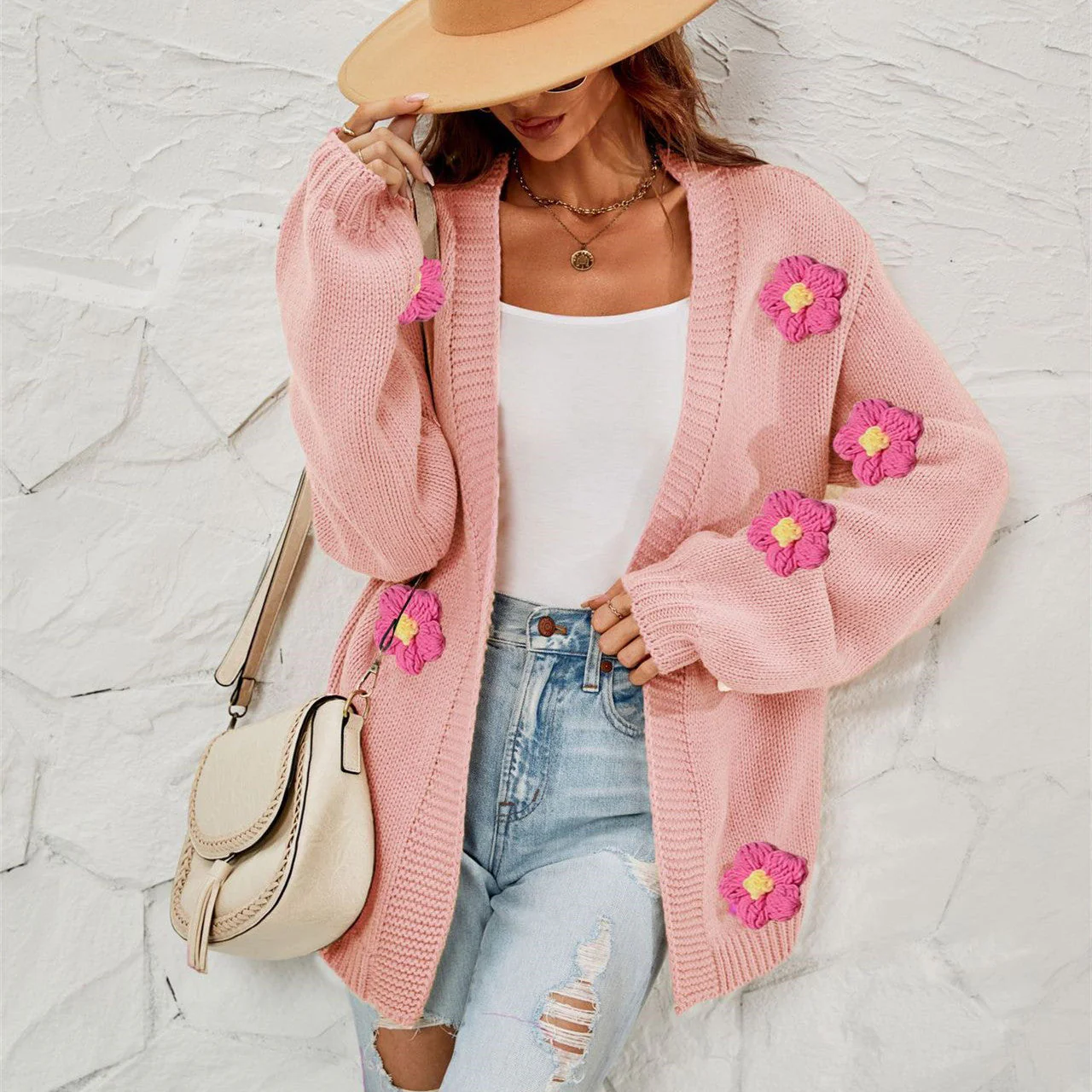 Oversized Women’s Cardigan - Lantern Sleeve, Acrylic Casual - Image 7