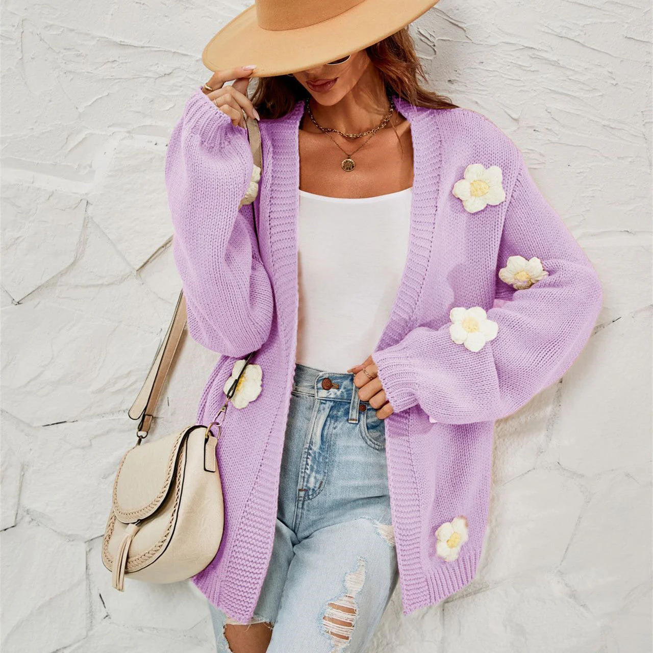 Oversized Women’s Cardigan - Lantern Sleeve, Acrylic Casual - Image 8