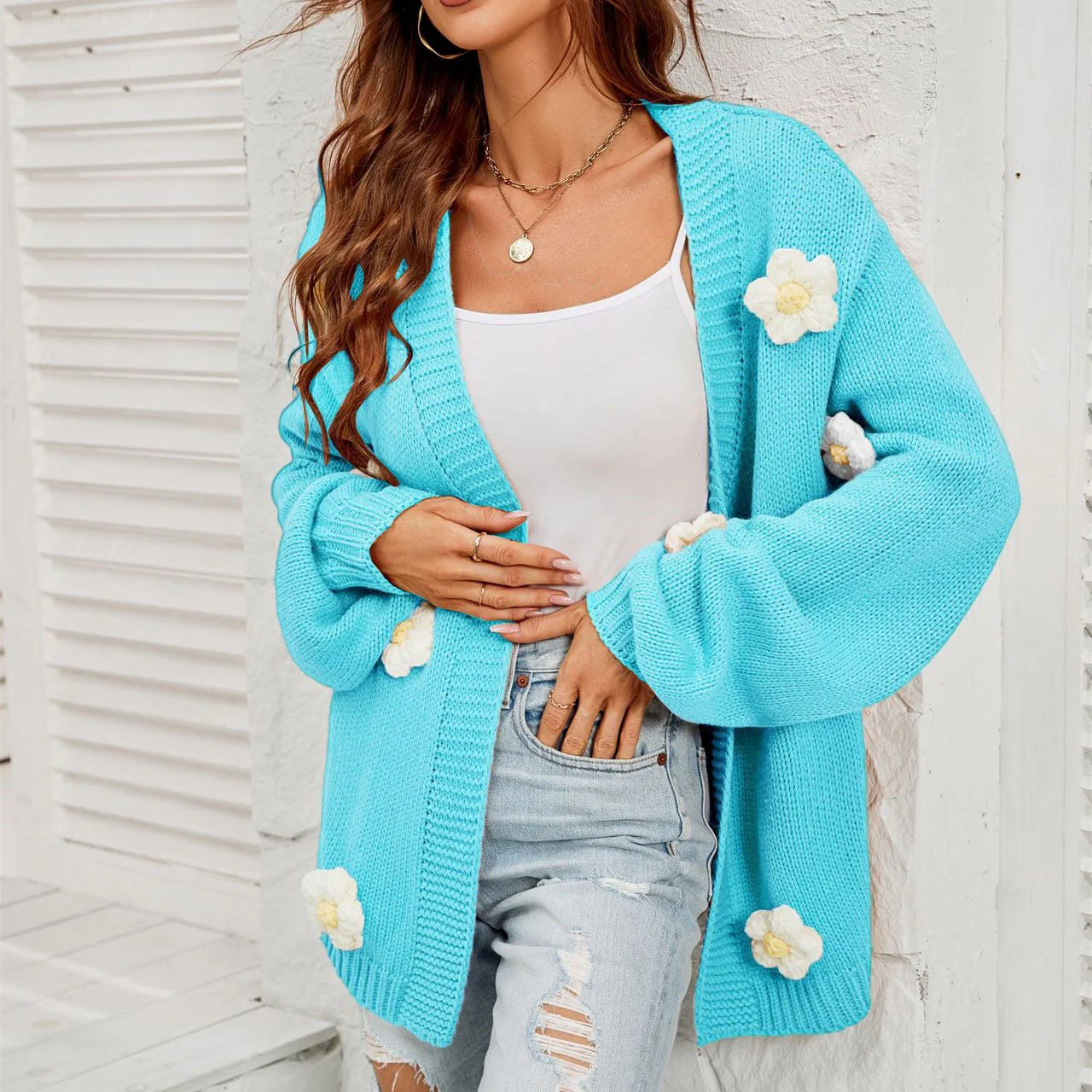 Oversized Women’s Cardigan - Lantern Sleeve, Acrylic Casual - Image 9