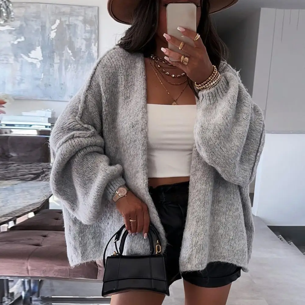 Oversized Women’s Cardigan - Open Front Chunky Knit, Fall - Image 3