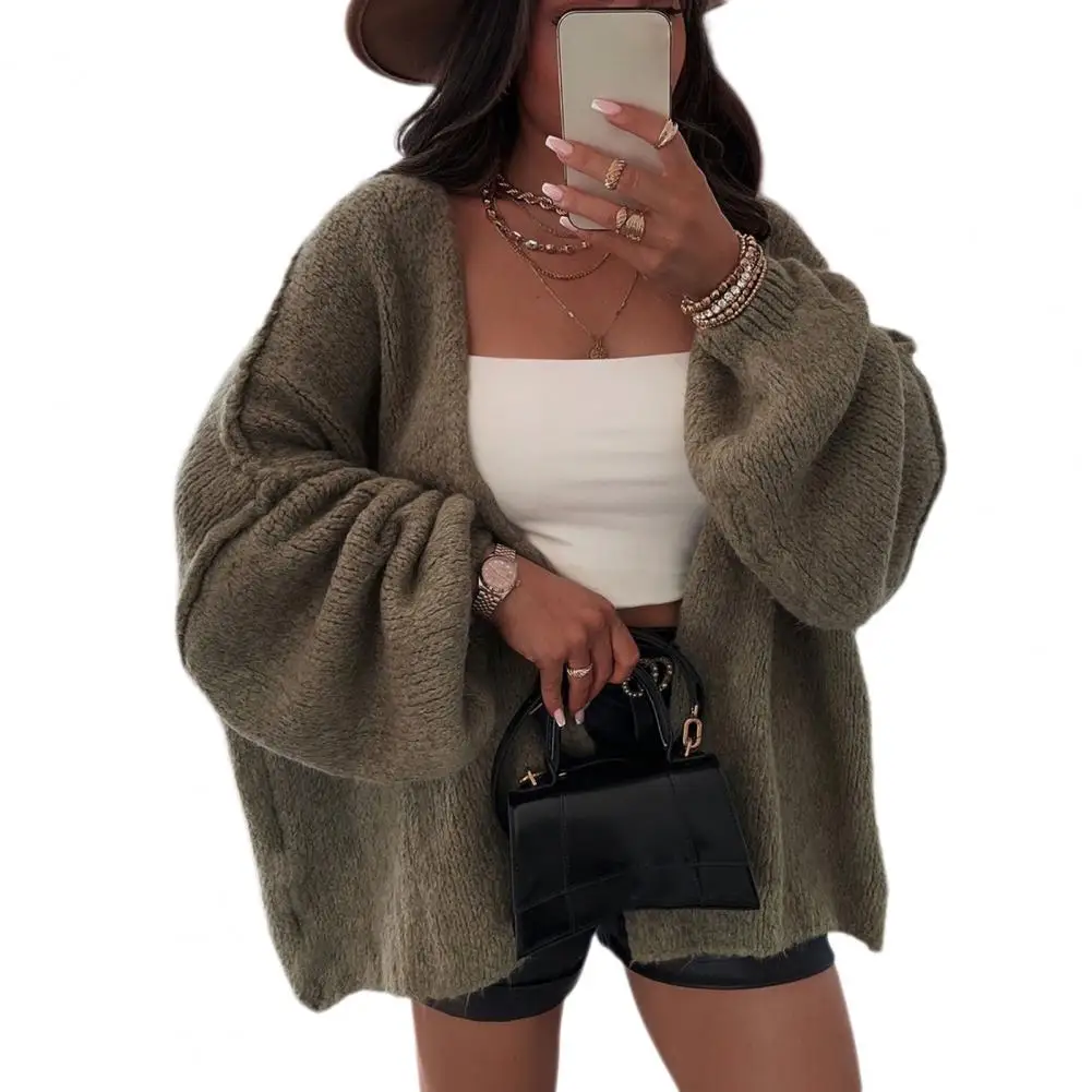 Oversized Women’s Cardigan - Open Front Chunky Knit, Fall - Image 4