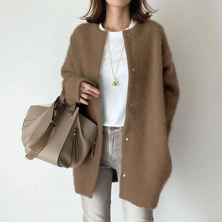 Oversized Women’s Cardigan - Thigh-Length Fuzzy Knit, Fall