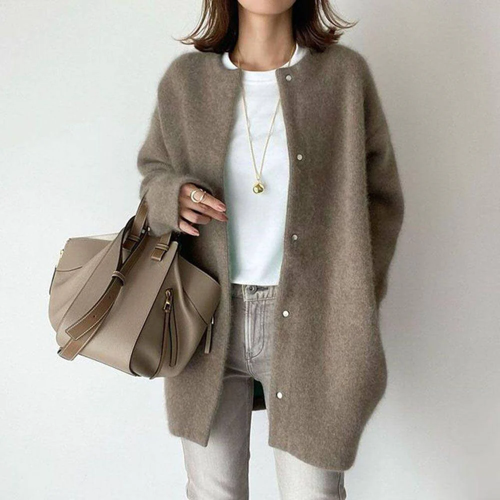Oversized Women’s Cardigan - Thigh-Length Fuzzy Knit, Fall - Image 3