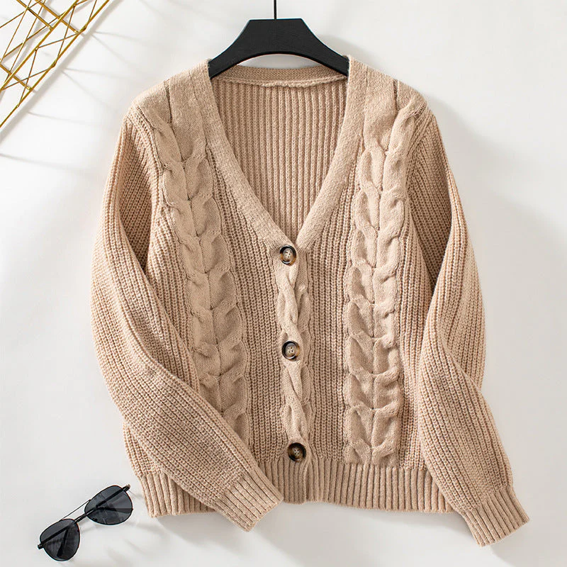 Oversized Women’s Cardigan - Twist Cable Knit V Neck Fall - Image 7