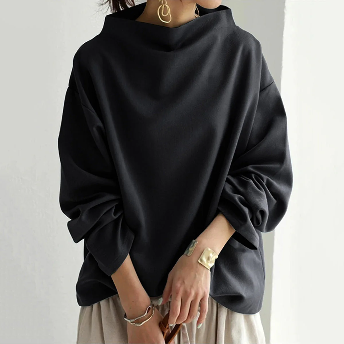 Oversized Women’s Pullover - Batwing Sleeve, Cotton - Image 2