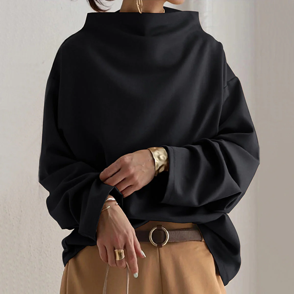 Oversized Women’s Pullover - Batwing Sleeve, Cotton - Image 3