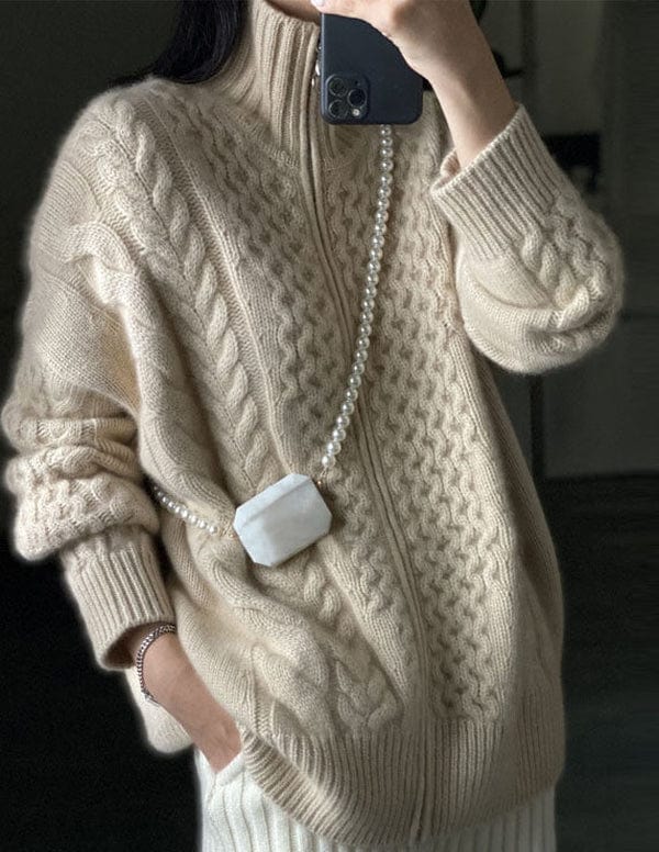 Oversized Women's Rollneck Cardigan - Cable Knit Wool