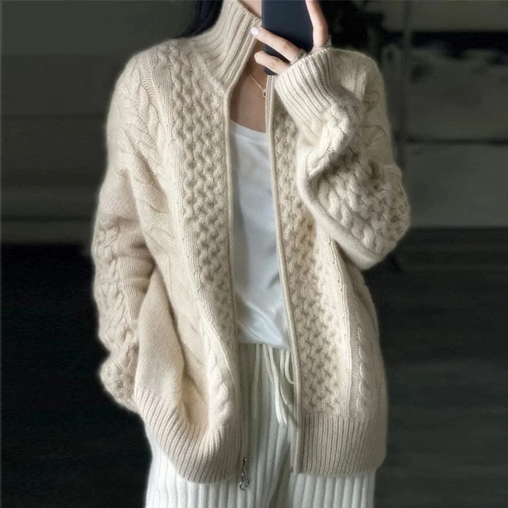 Oversized Women's Rollneck Cardigan - Cable Knit Wool - Image 2