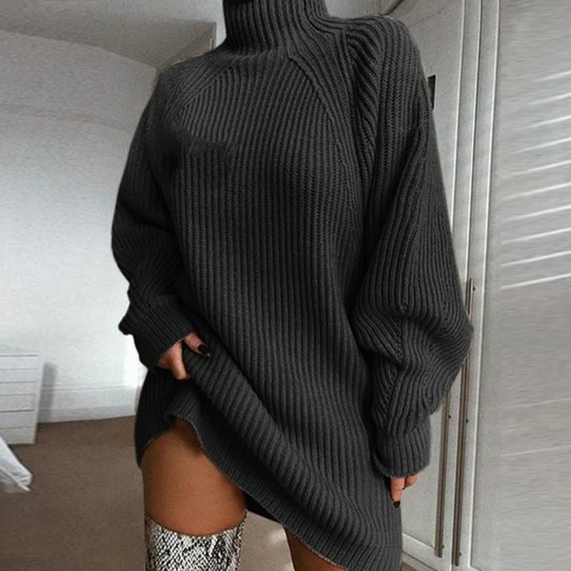 Oversized Women's Sweater Dress - Turtleneck Ribbed Winter - Image 6