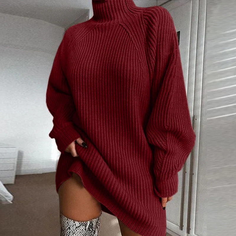 Oversized Women's Sweater Dress - Turtleneck Ribbed Winter - Image 9
