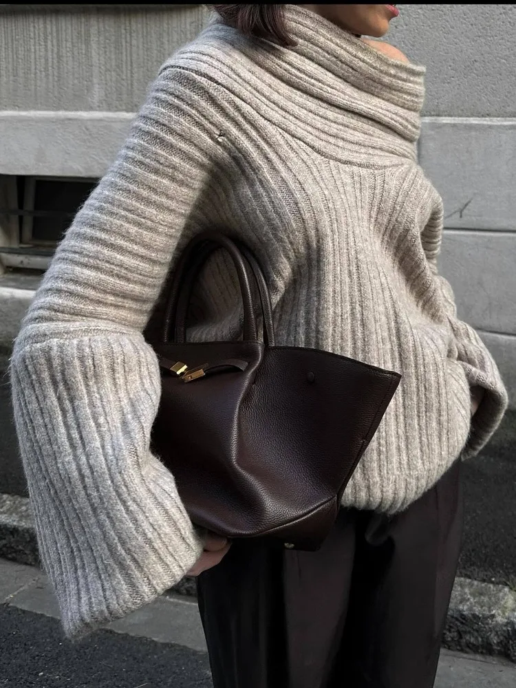 Oversized Women's Sweater - Slit Cowl Neck, Ribbed For Fall - Image 4