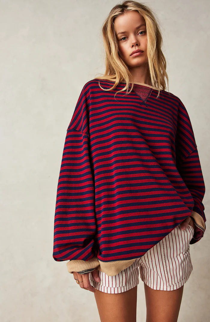 Oversized Women's Sweatshirt - Boxy Striped Cotton Casual - Image 9