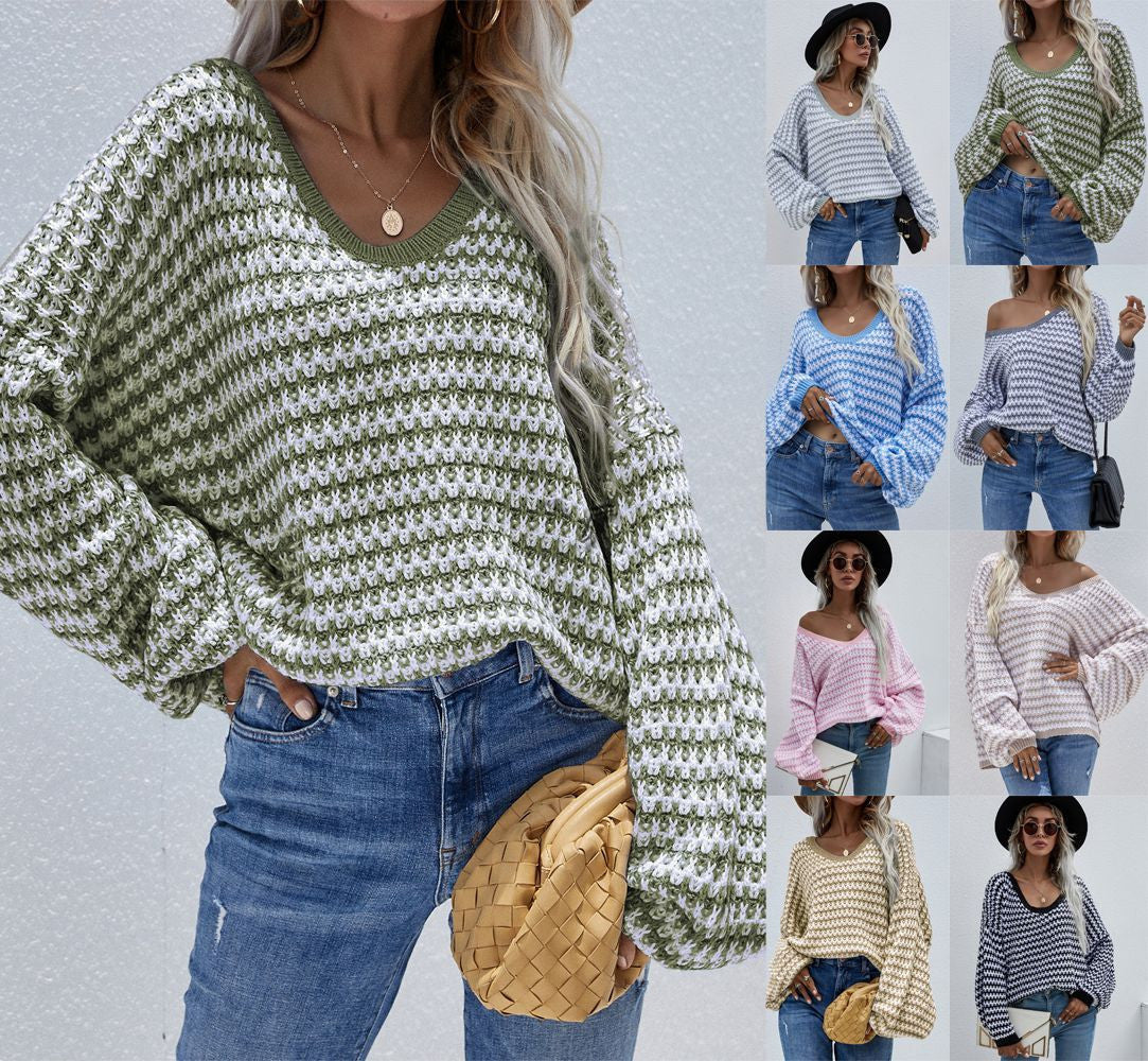 Oversized Women’s V Neck Sweater - Textured Knit, Casual - Image 2
