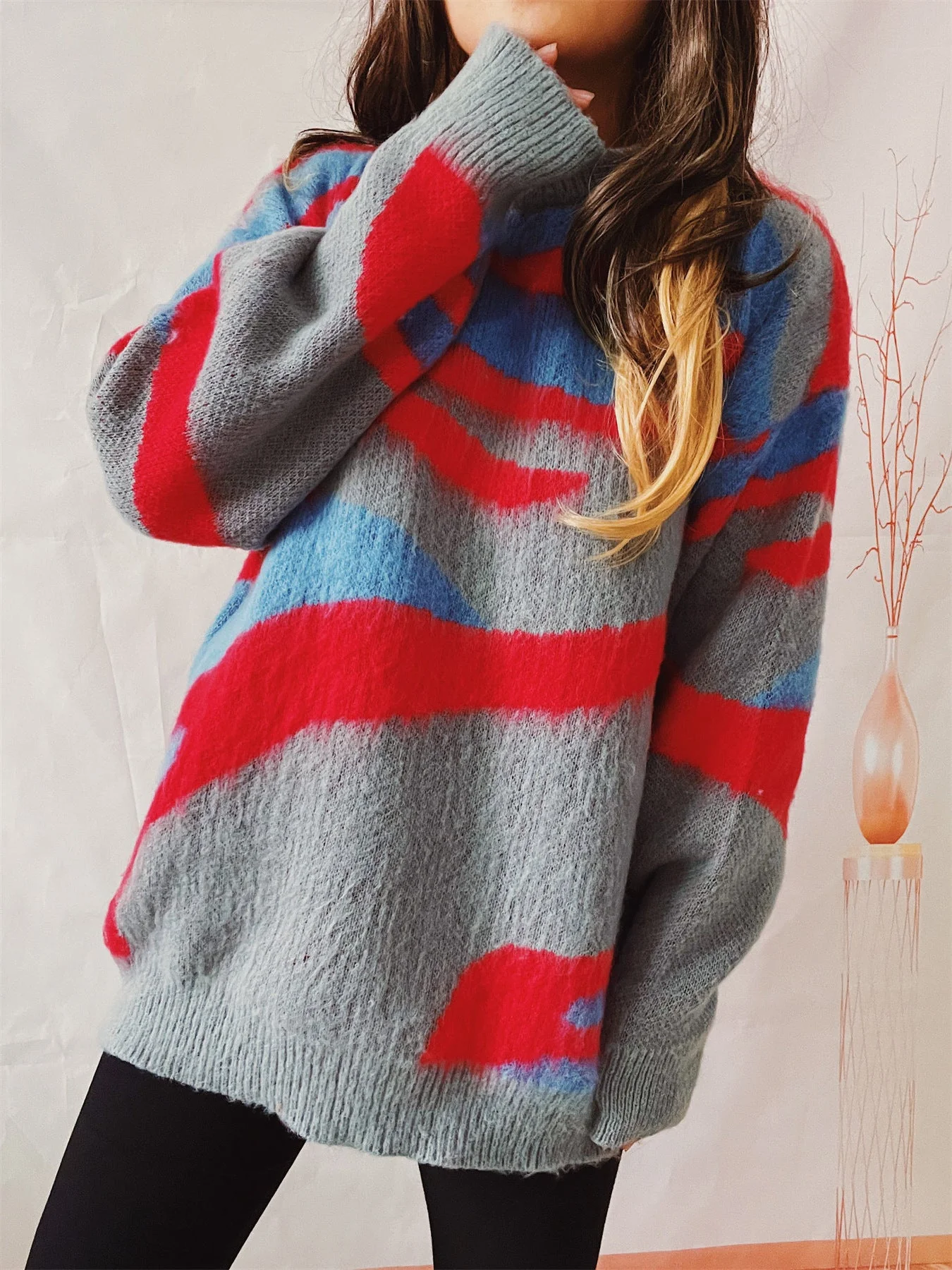 Oversized Women Sweater - Irregular Striped, Knit, Casual - Image 2
