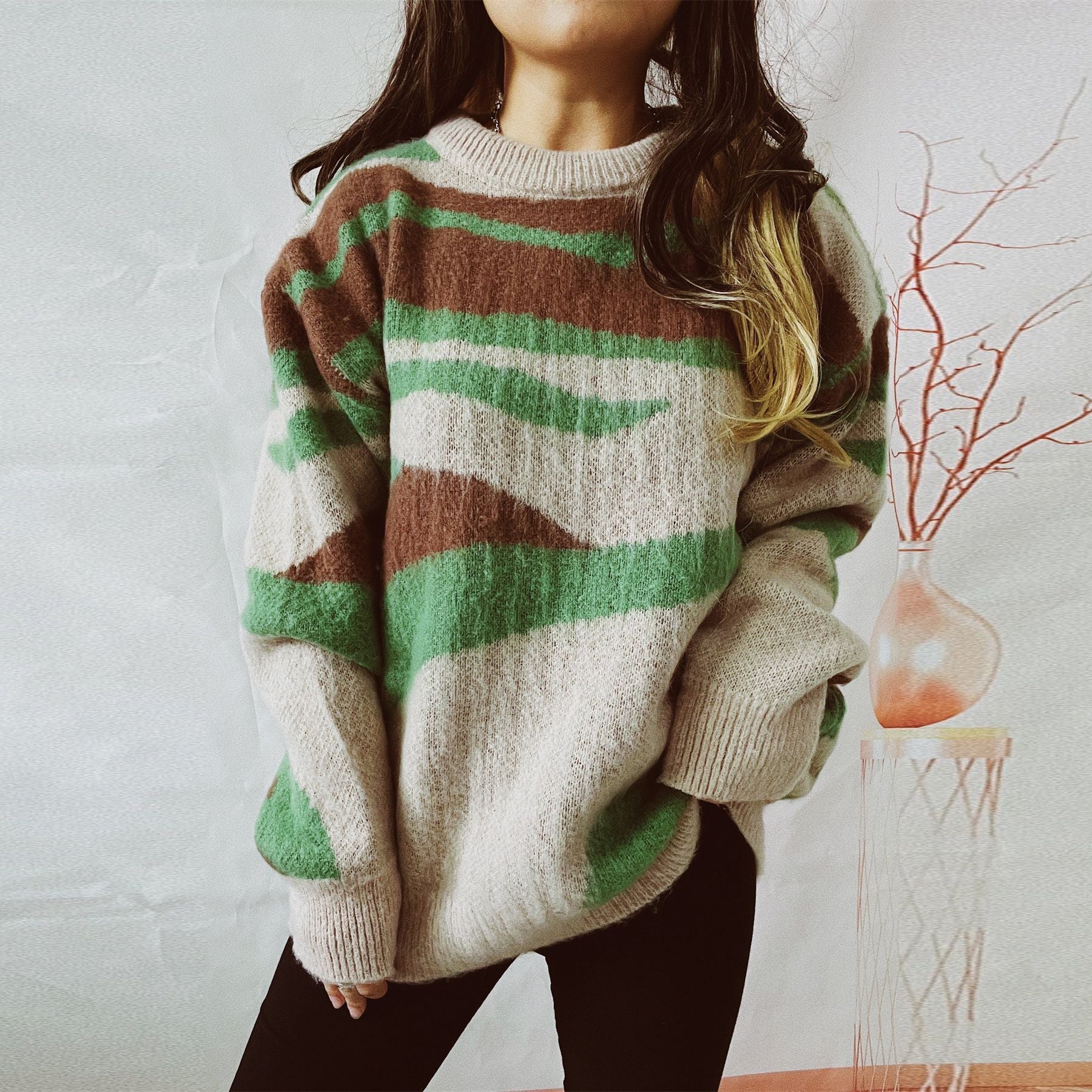 Oversized Women Sweater - Irregular Striped, Knit, Casual - Image 6