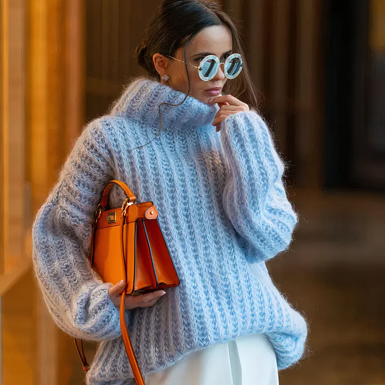 Oversized Women Turtleneck Sweater - Cable Knit, Fluffy - Image 2