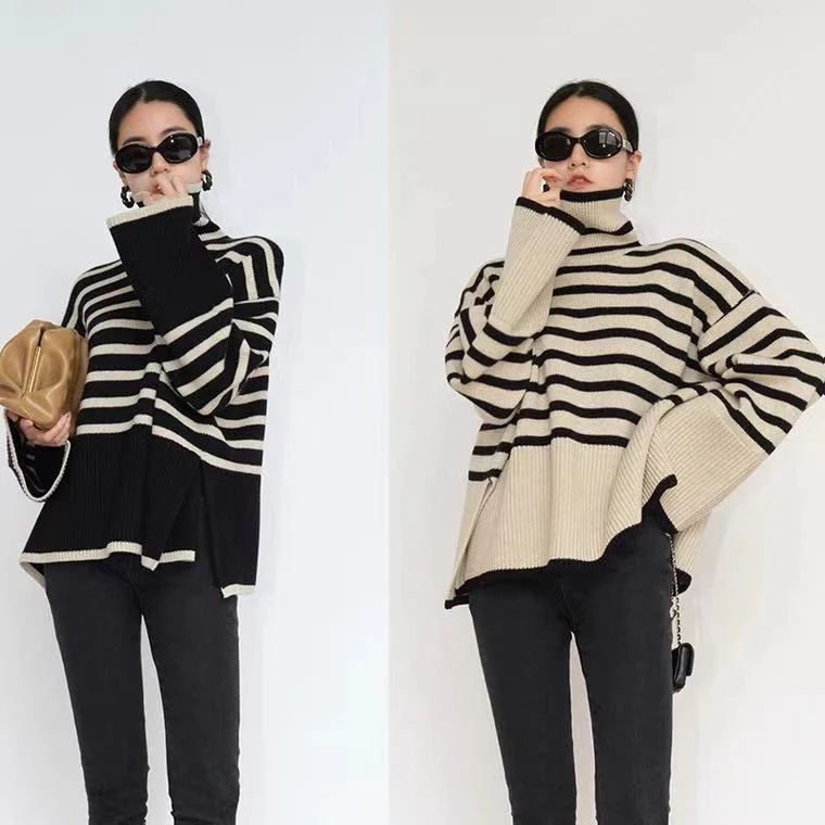Oversized Women Turtleneck Sweater - Slit Knit, Warm - Image 3