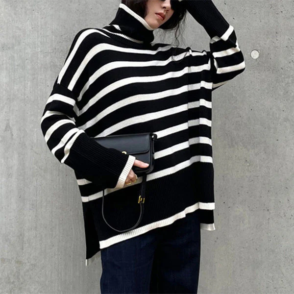Oversized Women Turtleneck Sweater - Slit Knit, Warm - Image 5